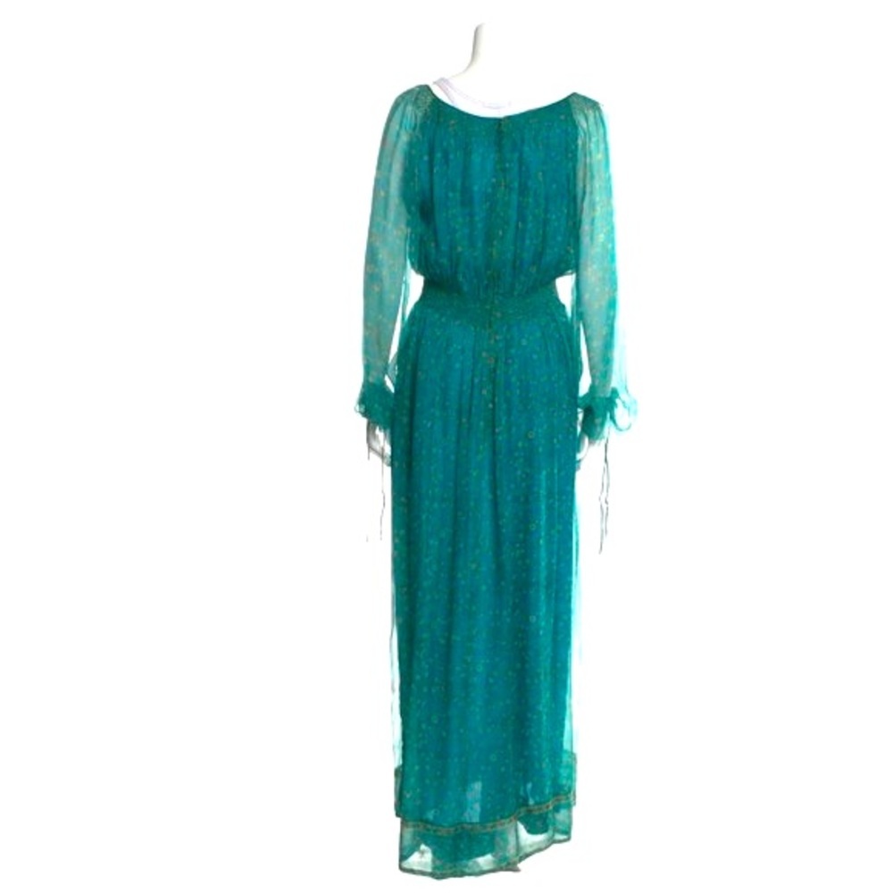 TREACY LOWE LONDON vintage 70s BLUE silk smocked peasant DRESS BOHO chic LARGE - Picture 3 of 9